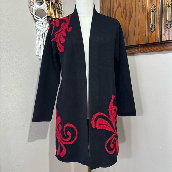 Chico's Sweaters - Chico’s Black and Red Long Embroidered Cardigan Size 0